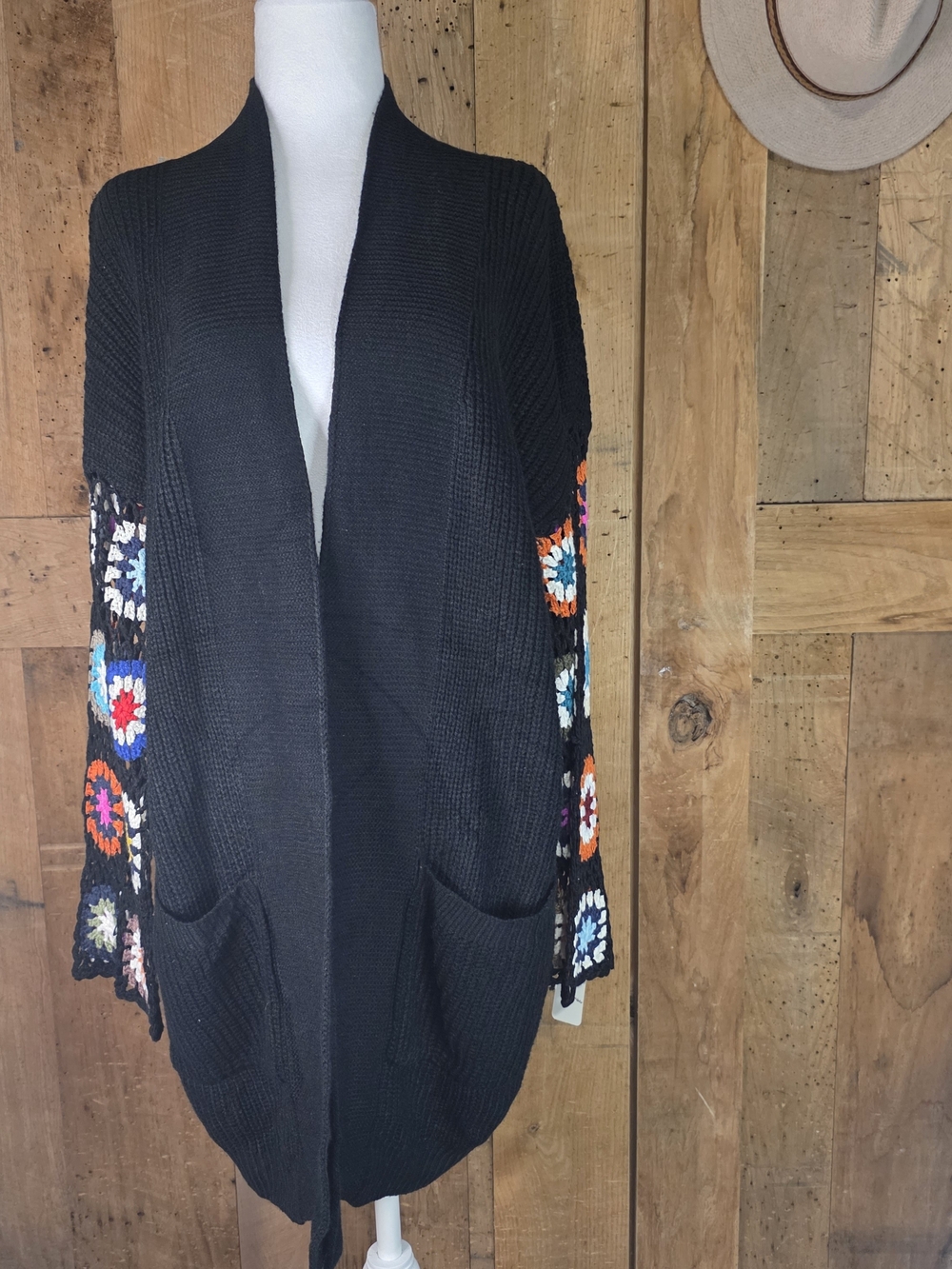 Blakely Black Granny Square Crochet Sleeve Cardigan Small Boho Cottagecore